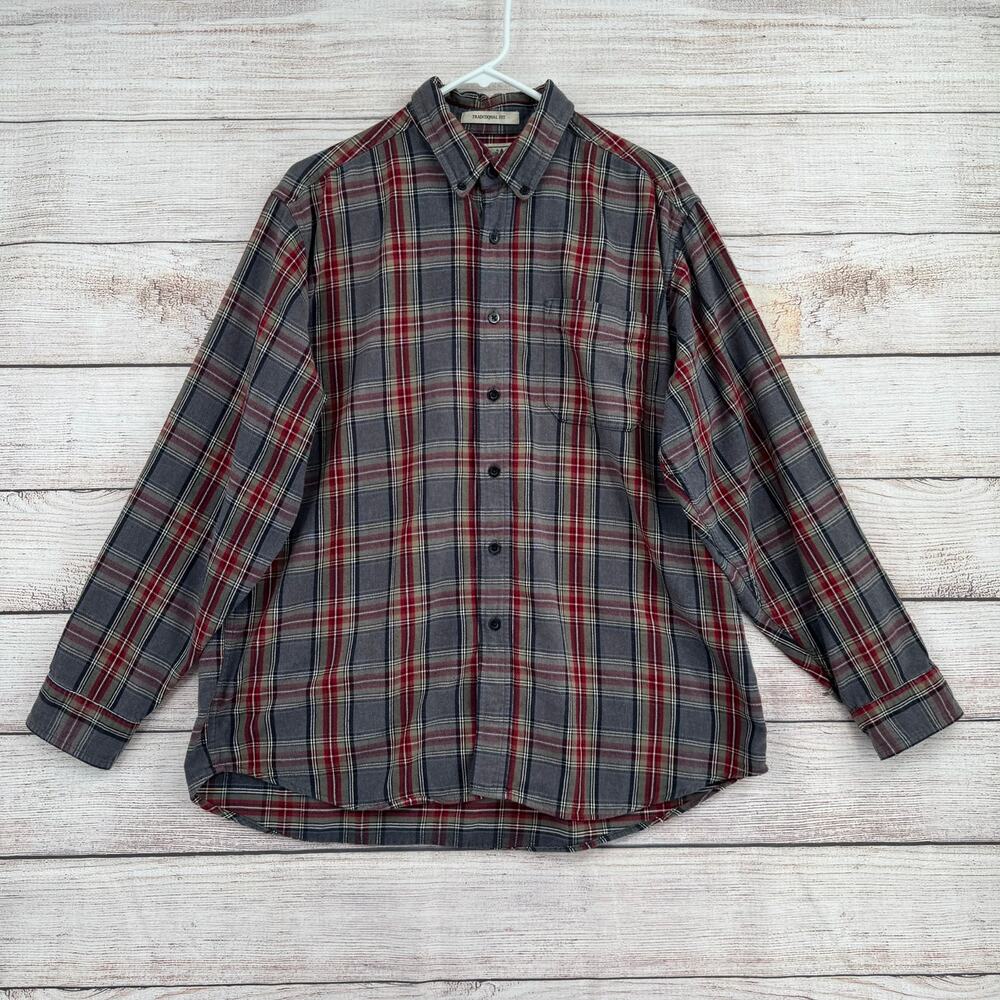 L.L. Bean Traditional Fit Flannel Shirt Mens‎ Large Gray Red Plaid